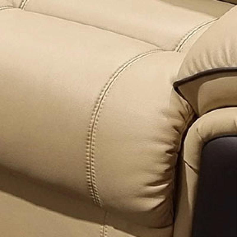 Close-up of beige leather sofa with stitching detail