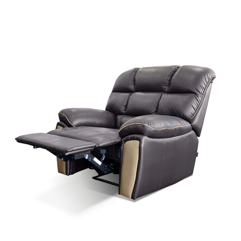 Black leather recliner chair with beige accents on a white background