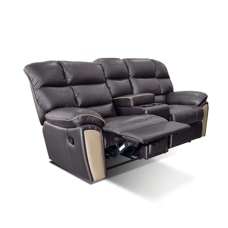 Black leather reclining sofa with cup holders on a white background
