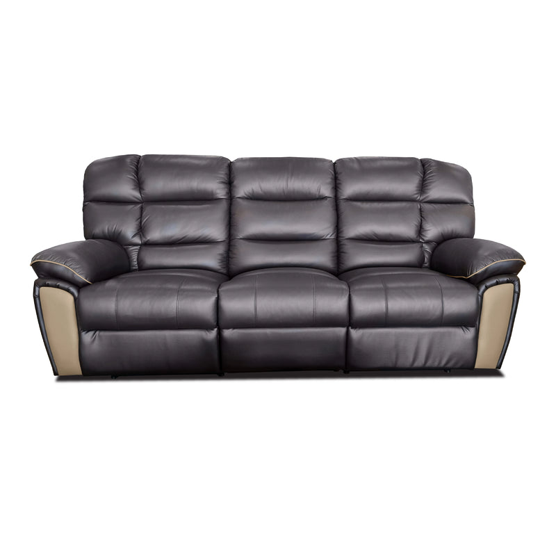 Black leather sofa with beige armrests on a white background