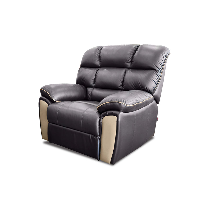 Black leather recliner chair with beige accents on a white background