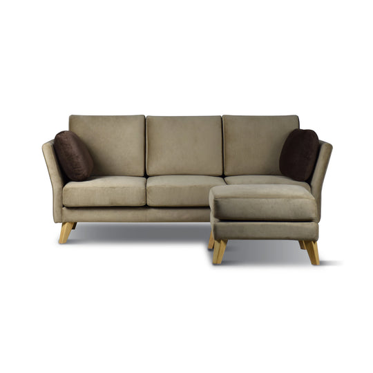 Beige sectional sofa with brown cushions on a white background