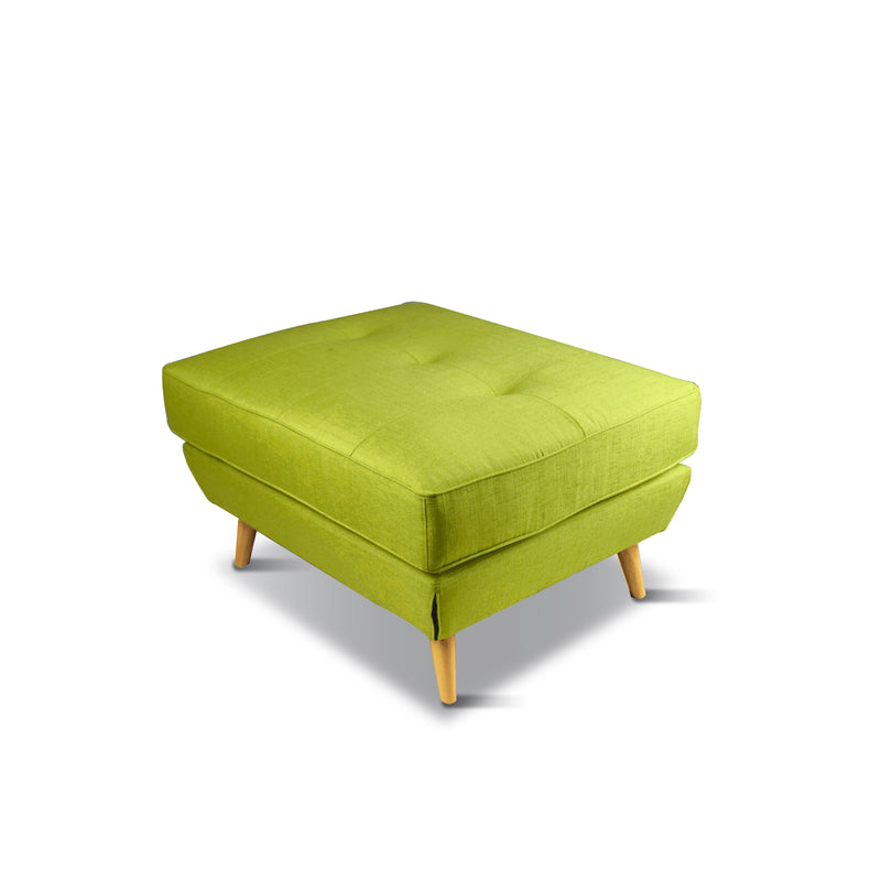 Green ottoman with wooden legs on a white background