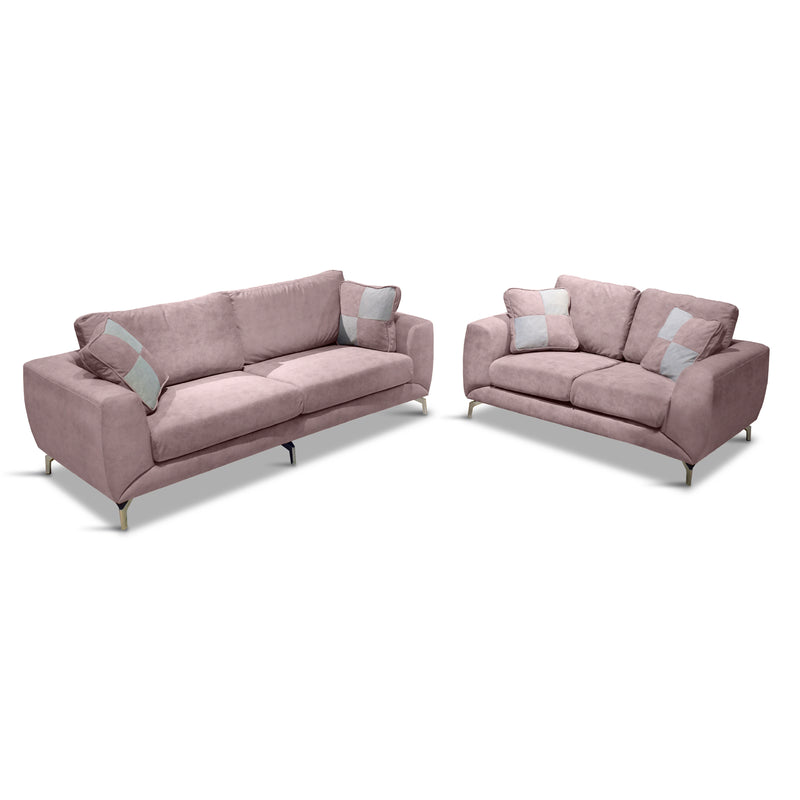 Pink sofa set with gray cushions on a white background