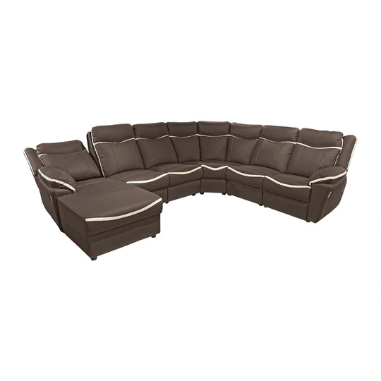 Brown sectional sofa with white trim on a white background