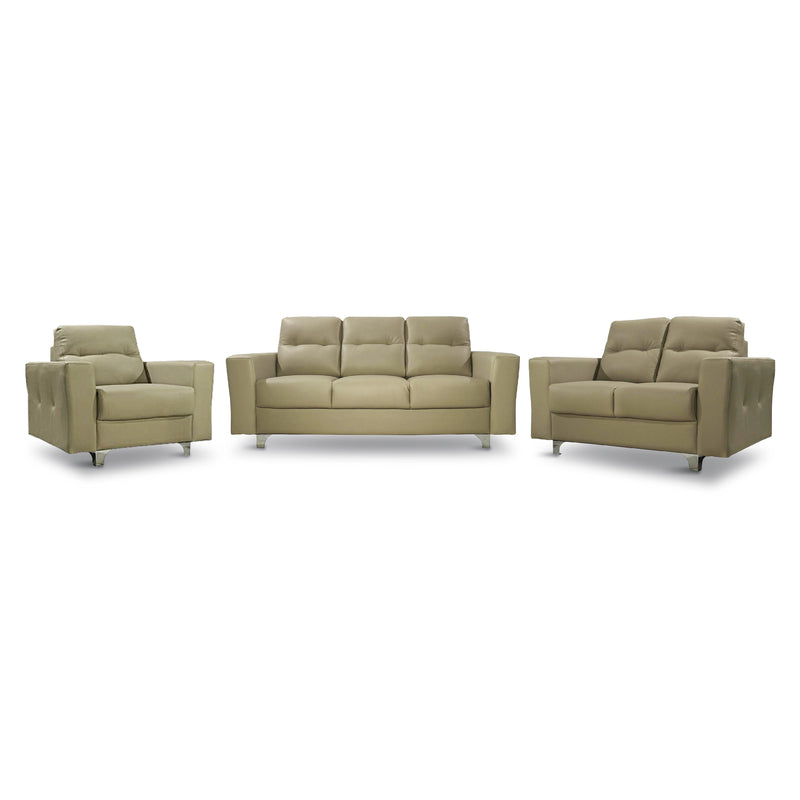Set of three beige leather sofas on a white background