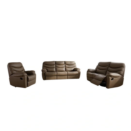 Set of brown leather recliner chairs and sofa on a white background