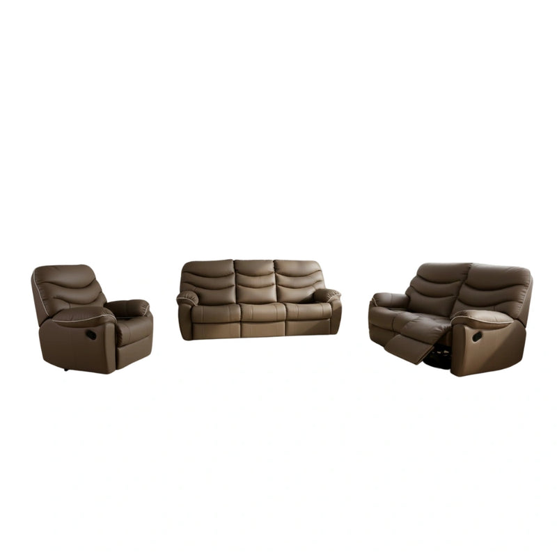 Set of brown leather recliner chairs and sofa on a white background