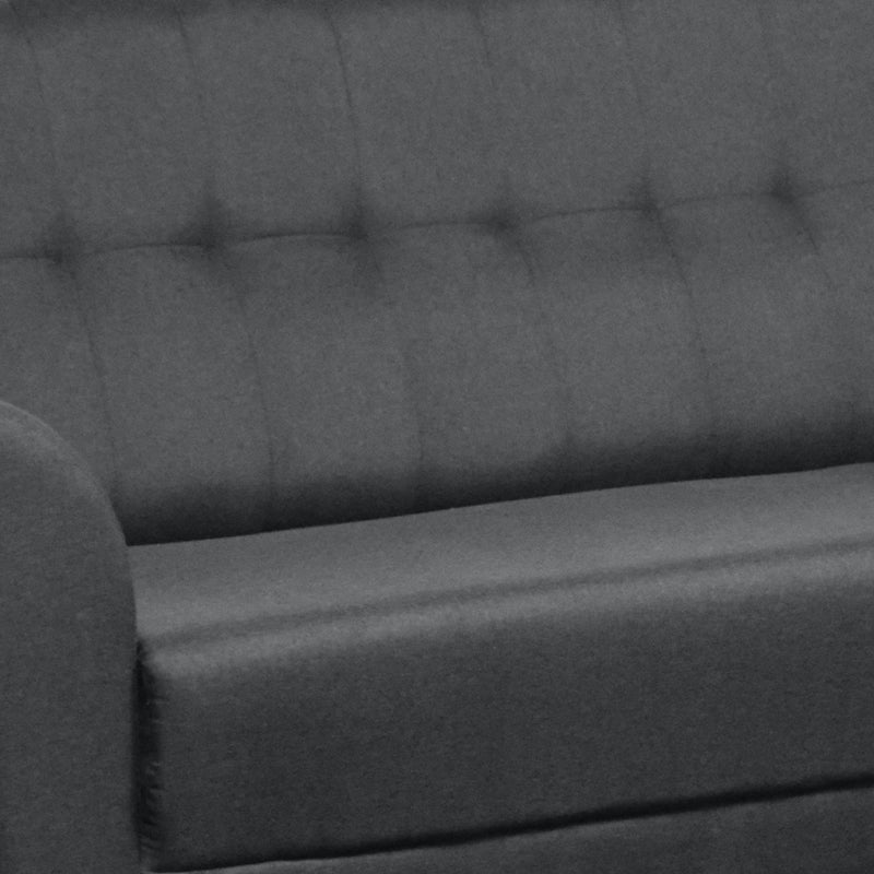 Gray tufted sofa with a close-up view of the fabric texture.