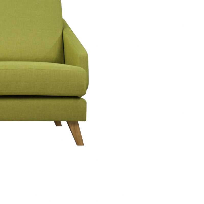 Green sofa with wooden legs on a white background