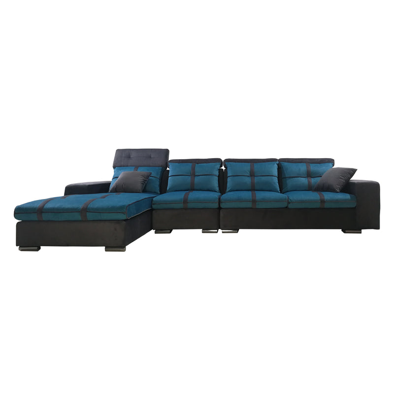 Sectional sofa with blue and black cushions on a white background