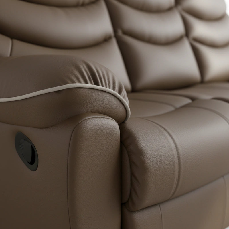 Close-up of a brown leather recliner sofa
