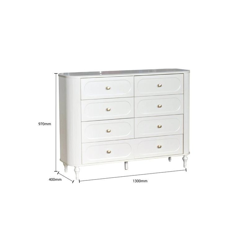 White dresser with dimensions labeled on a white background