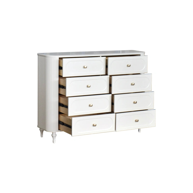 White dresser with multiple drawers on a white background
