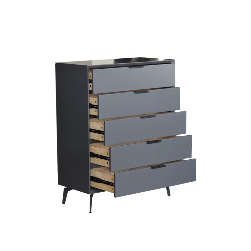 Gray dresser with multiple drawers on a white background