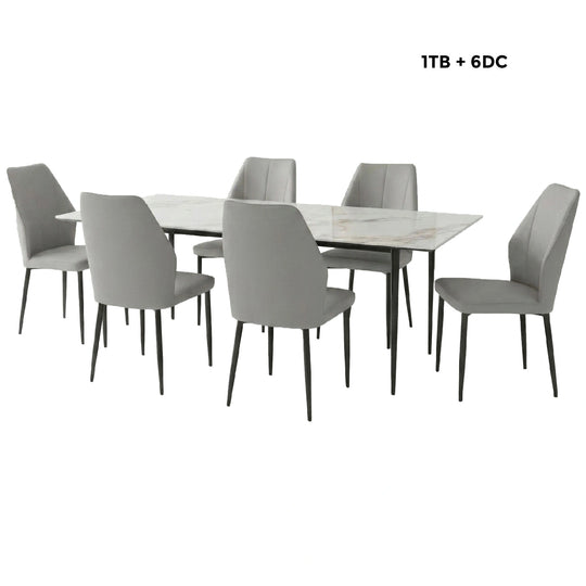 Dining set with a marble table and six gray chairs on a white background