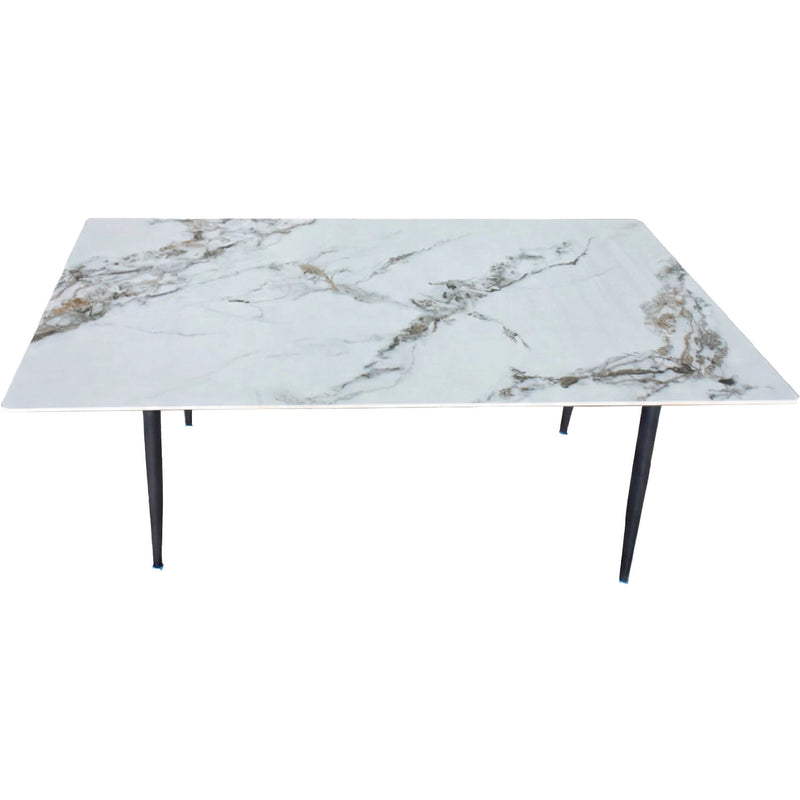 Marble-patterned table with black legs on a white background