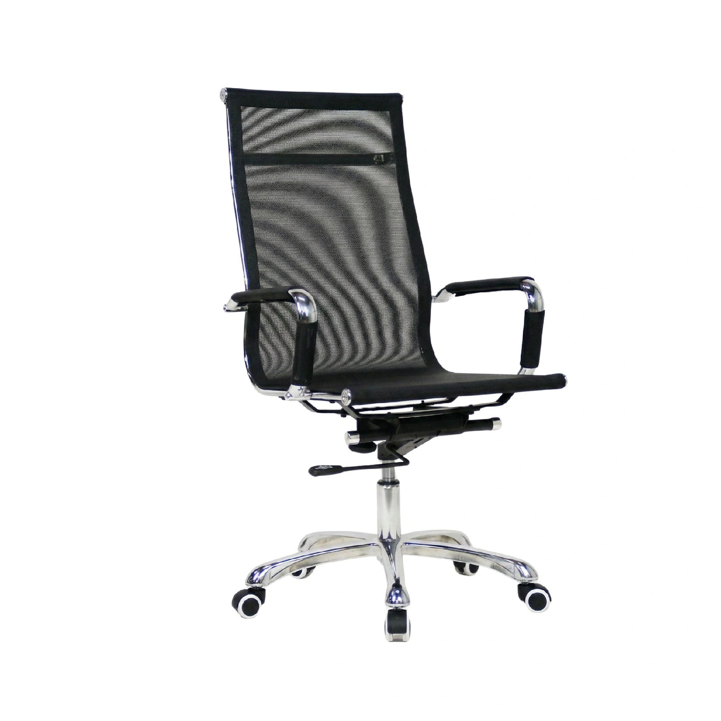 Black office chair with mesh back on a white background