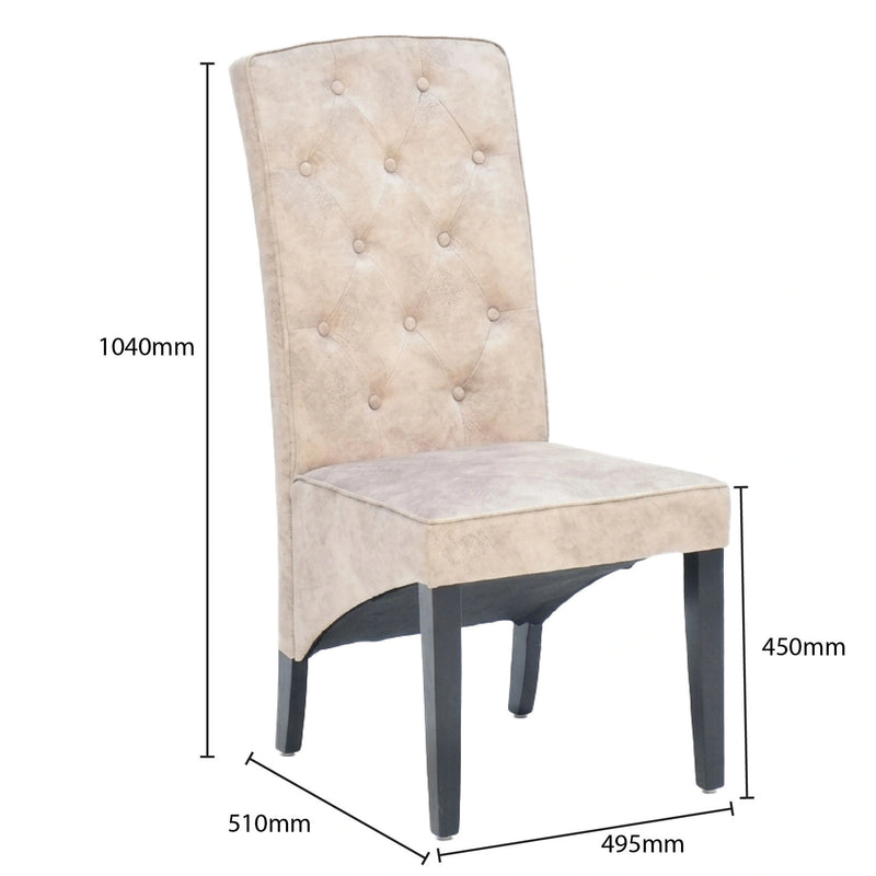 Beige upholstered chair with dimensions marked on a white background