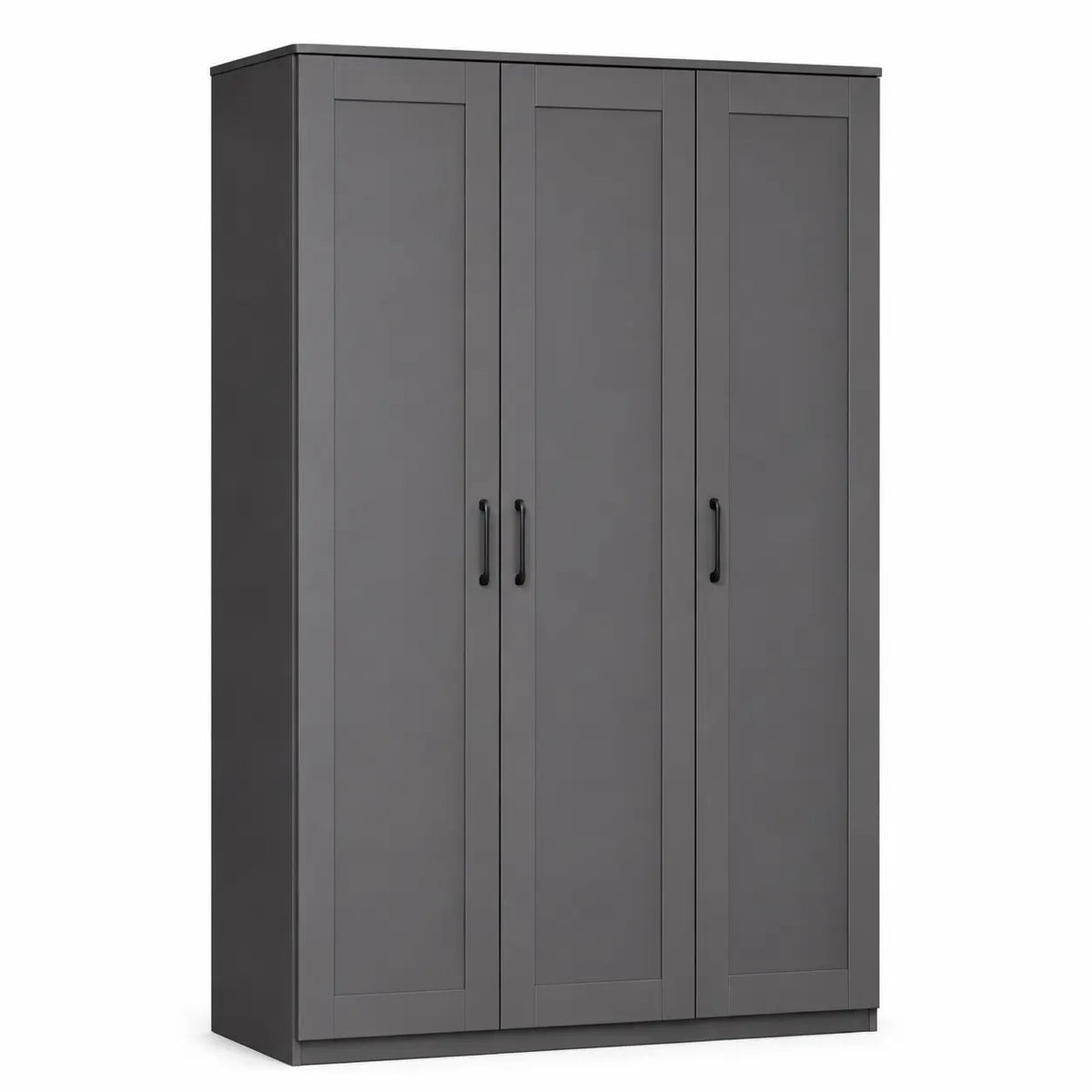 A three-door storage cabinet in dark gray with black vertical handles, shown on a plain white background.
