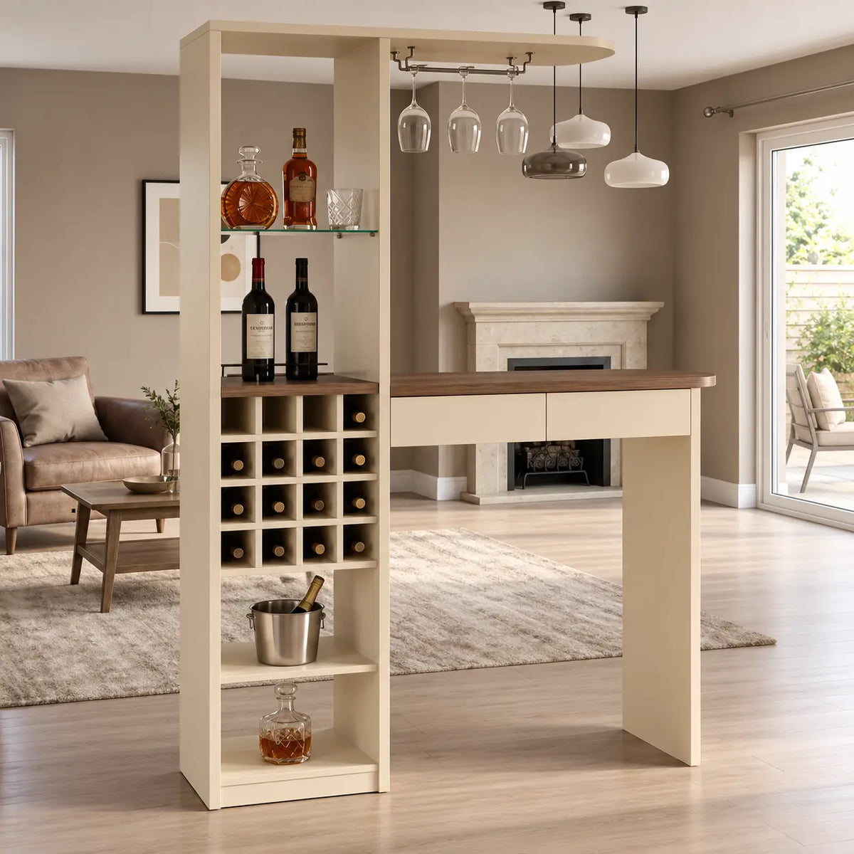 A cream-colored modular wine bar and shelving unit shown in a modern living room setting. The unit features a wood-look countertop, a wine rack, a hanging glass holder, and open shelves for storage.