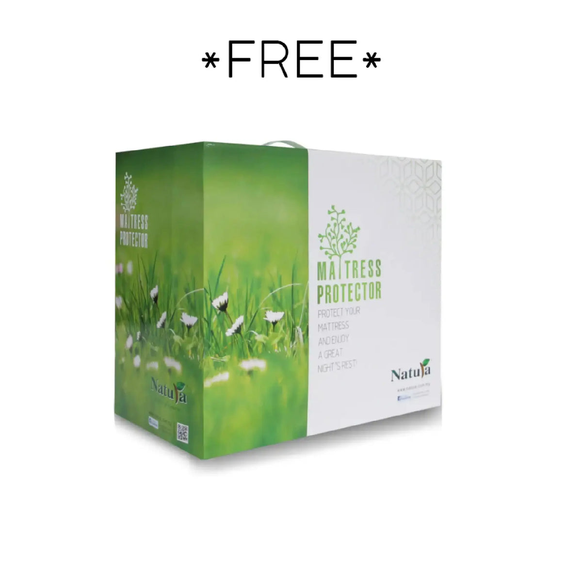 Box of Natura mattress protector with grass and flower design on a white background