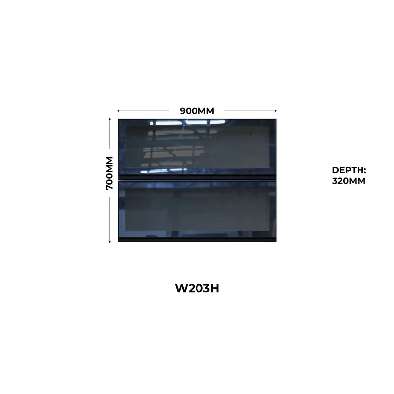 Measurement chart of a display with dimensions 900mm width, 700mm height, and 320mm depth on a white background.