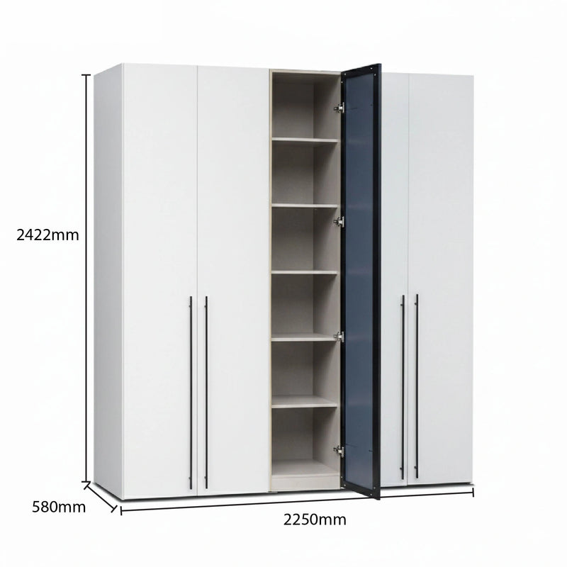 White wardrobe with open door showing shelves, dimensions labeled on a white background