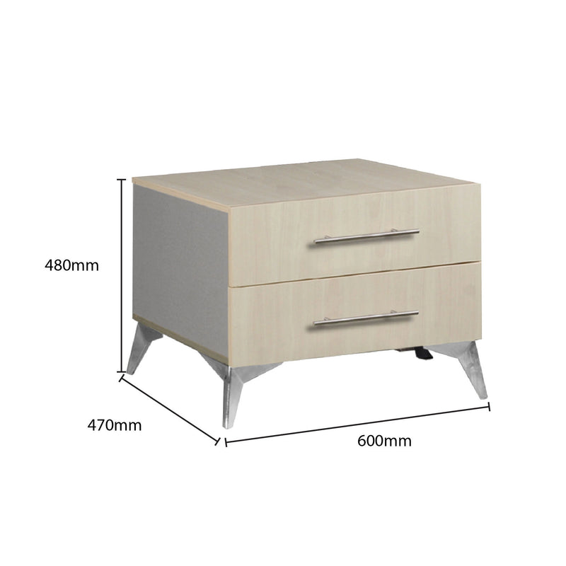 Beige nightstand with dimensions labeled on a white background