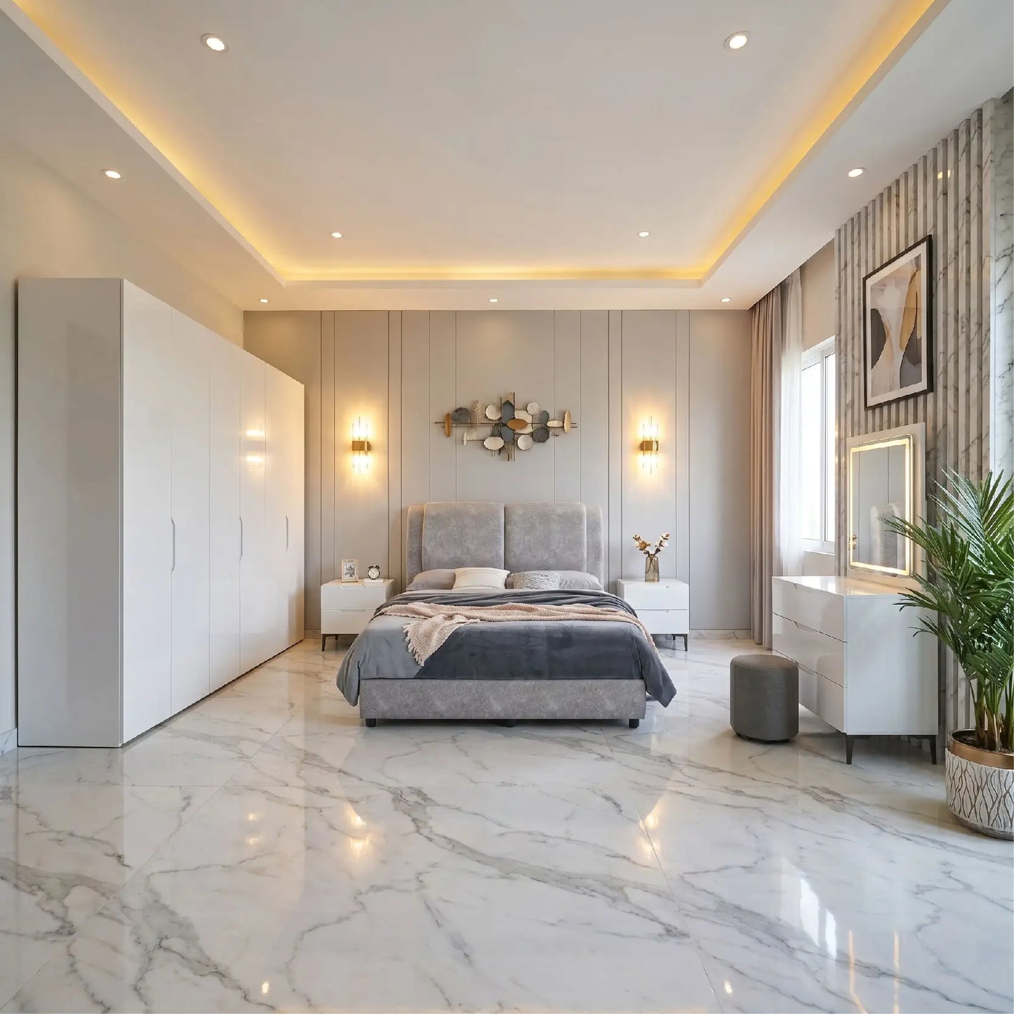 Modern bedroom with gray bed, marble floor, and decorative elements.