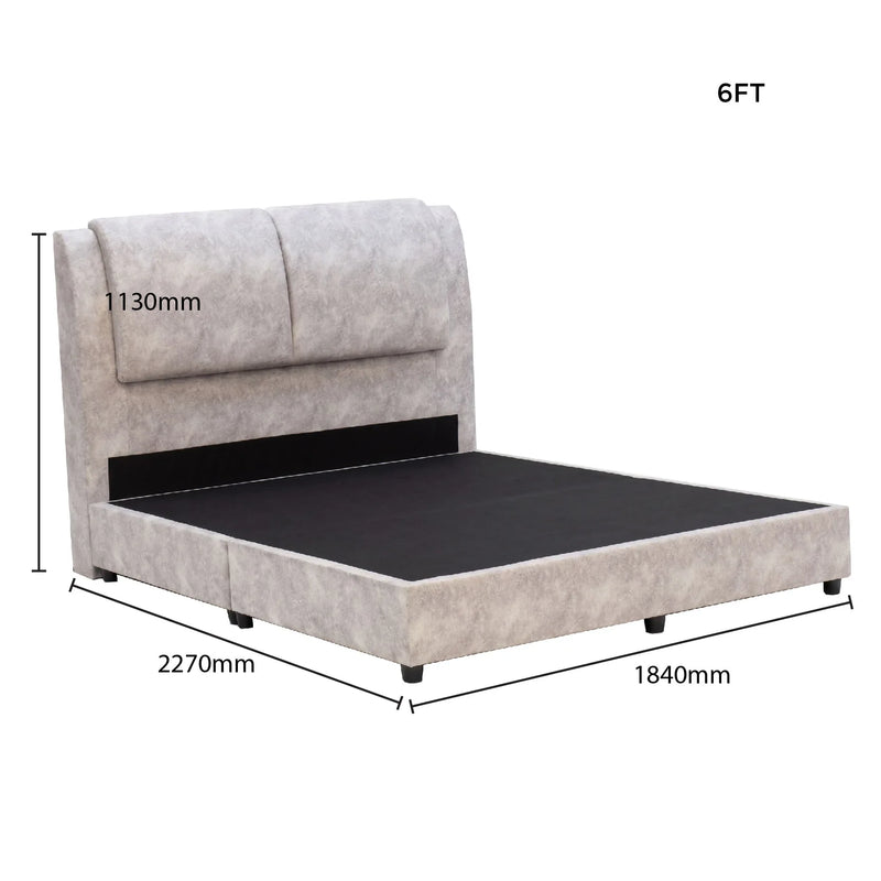 Gray upholstered bed with dimensions labeled on a white background