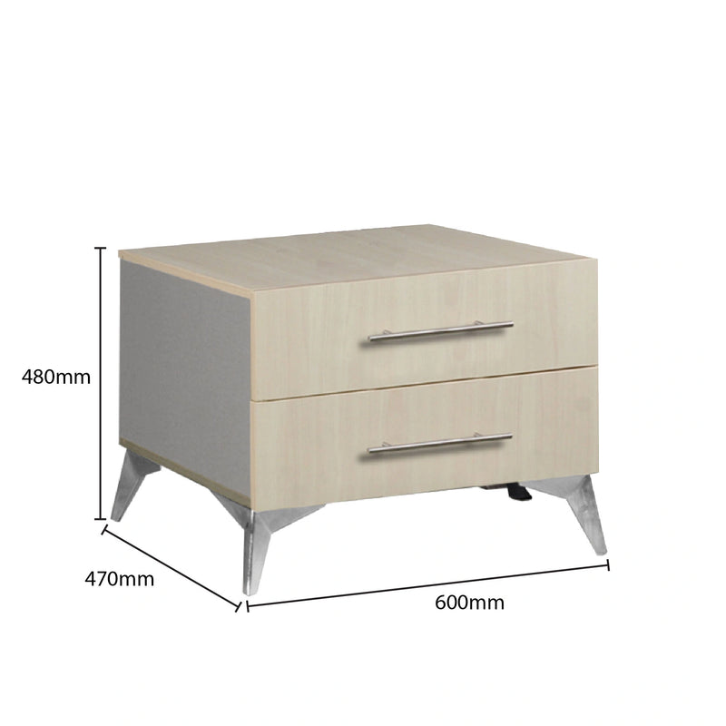 Two-drawer nightstand with dimensions labeled on a white background