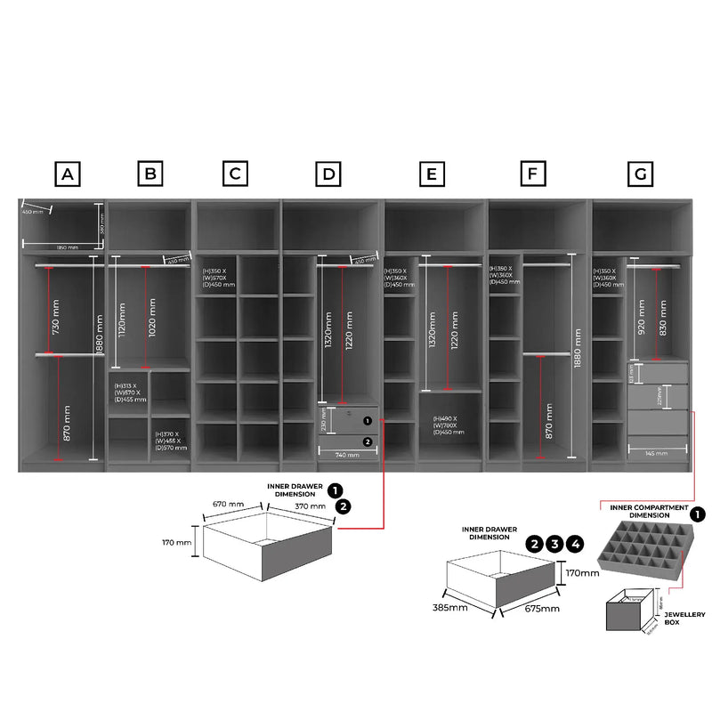 Diagram of a locker system with dimensions and features labeled