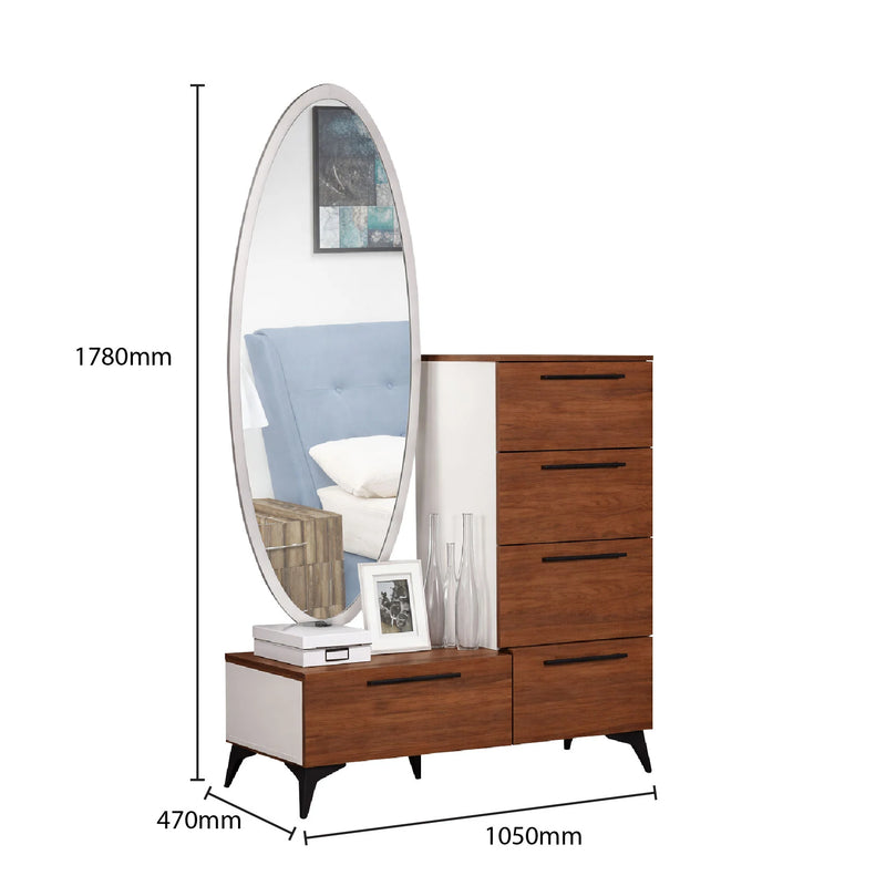 Wooden dresser with mirror and measurements on a white background