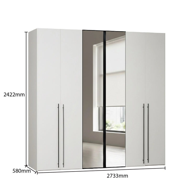 White wardrobe with mirror doors and dimensions labeled on a white background