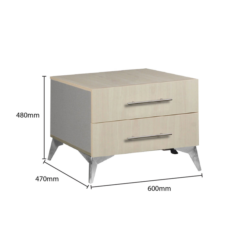 Two-drawer nightstand with dimensions labeled on a white background
