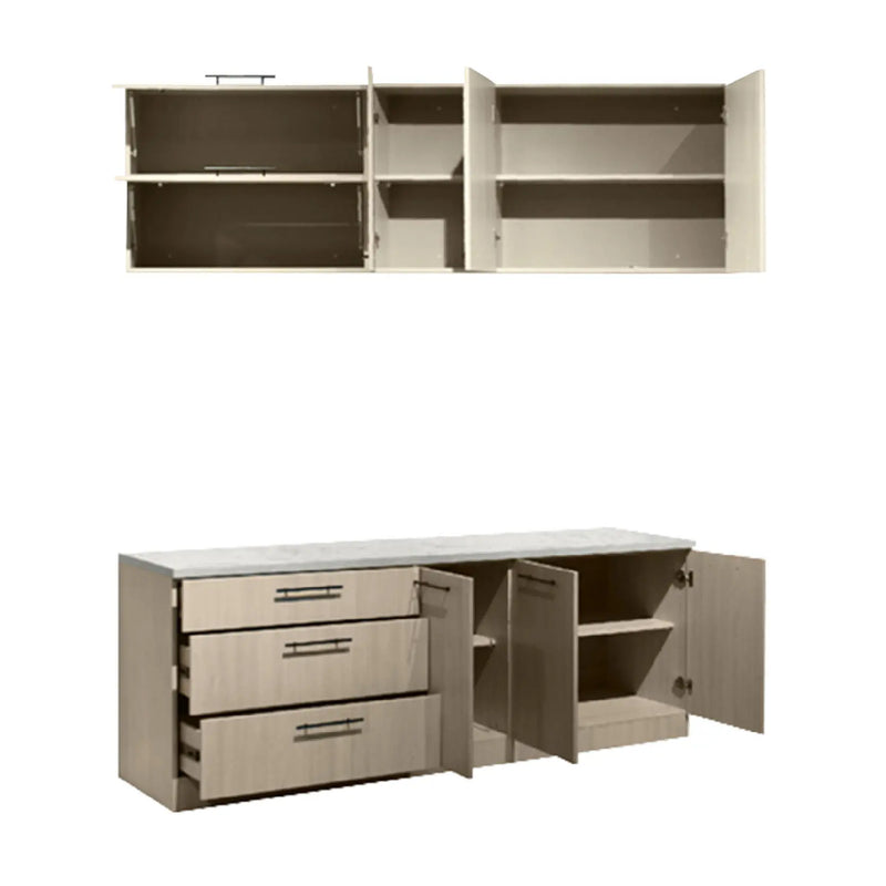 Cabinetry with open doors and drawers on a white background