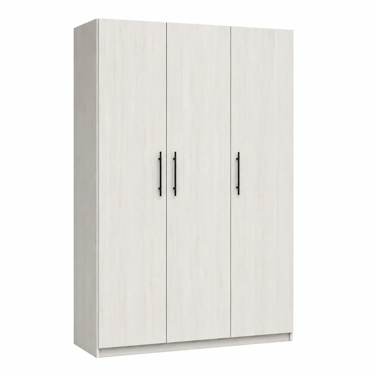 A three-door wardrobe or closet cabinet with a light woodgrain finish and slim black vertical handles, shown on a plain white background.