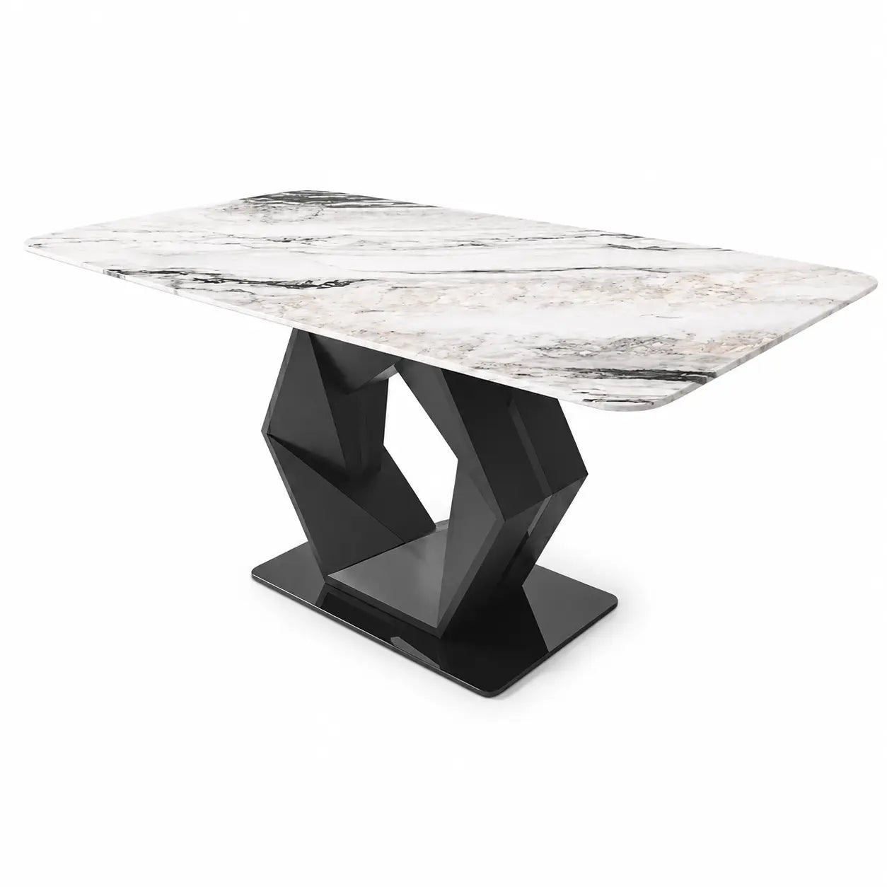 A modern rectangular dining table with a white and gray marble-patterned top and a glossy black geometric metal base, shown on a plain white background.