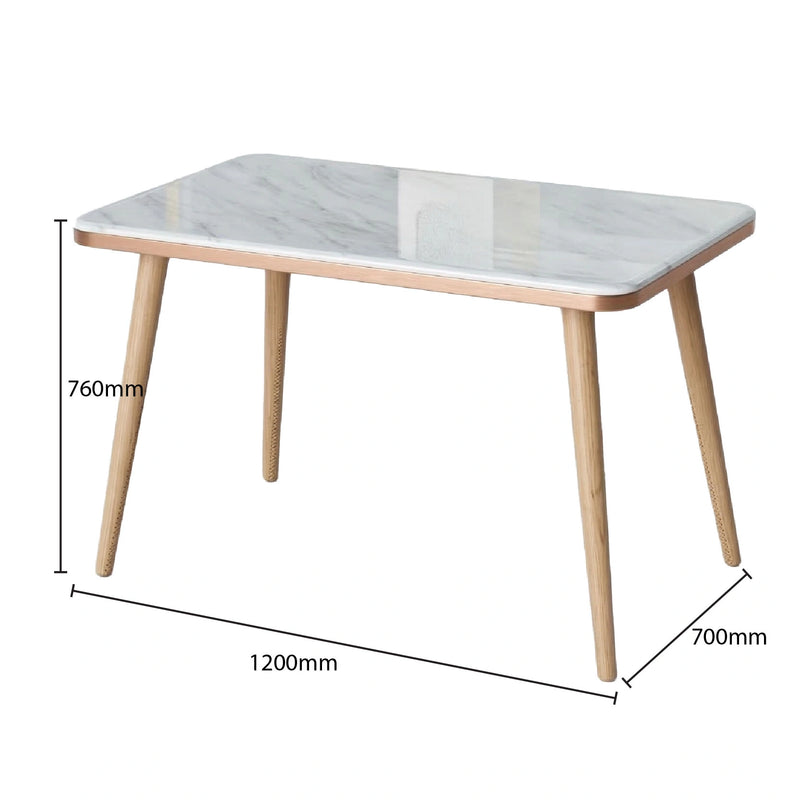 Dining table with marble-like top and wooden legs, shown with dimensions on a white background.
