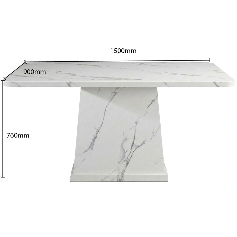 Marble-patterned dining table with dimensions on a white background
