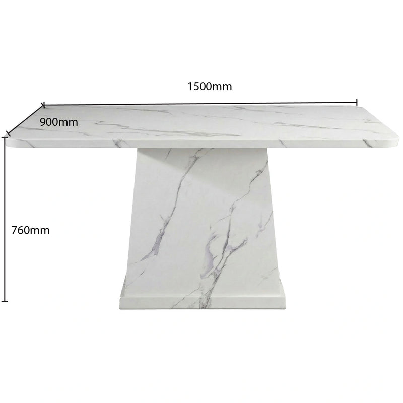 Marble-patterned dining table with dimensions on a white background
