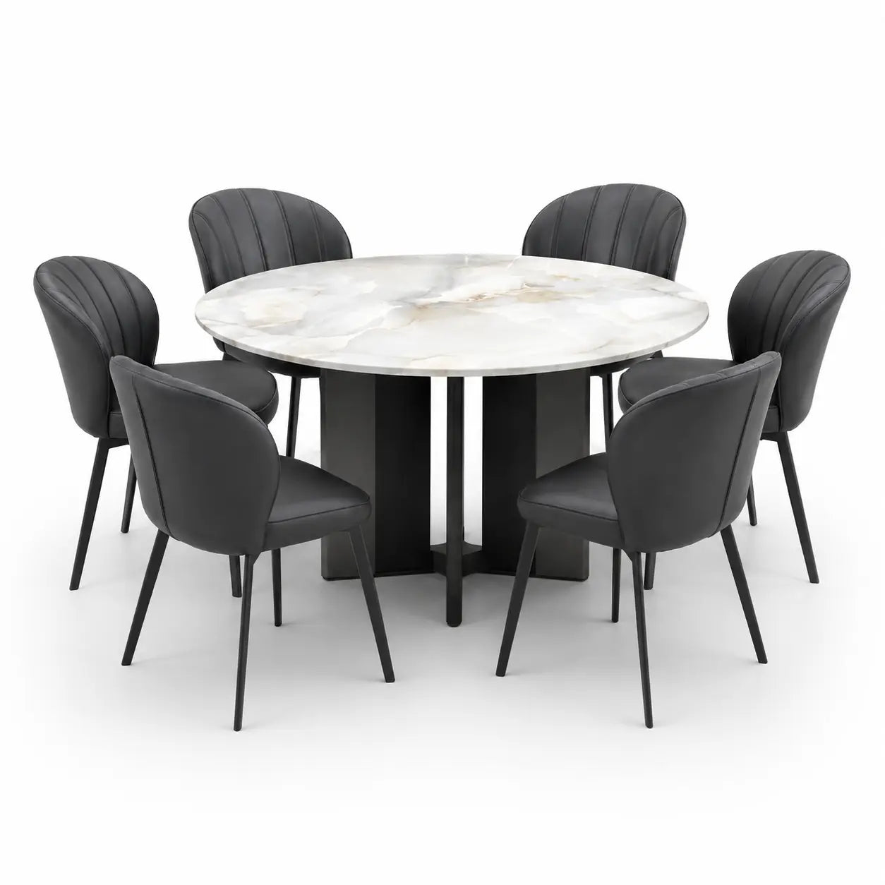 A modern dining set featuring a round white marble-patterned table with a black pedestal base, surrounded by six black upholstered chairs with dark metal legs, shown on a solid white background.