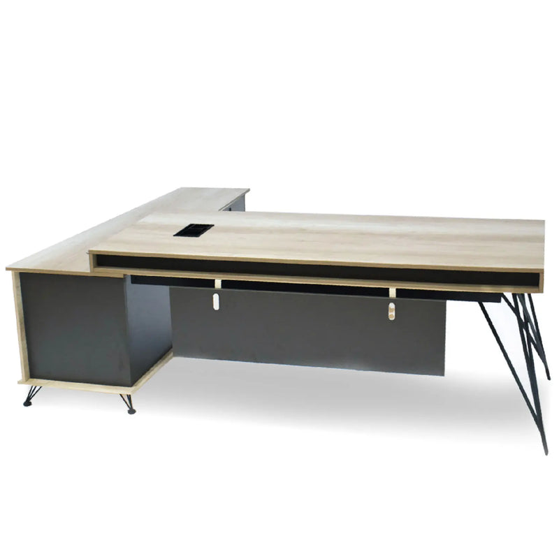 Modern L-shaped desk with light wood top and dark gray sides on a white background