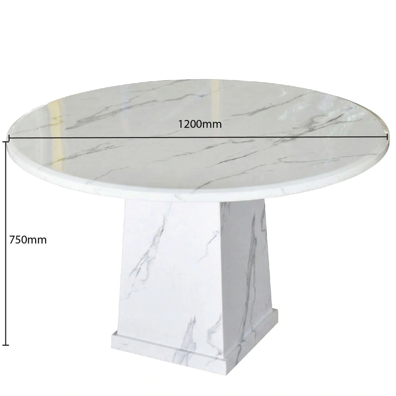 Round marble dining table with dimensions on a white background