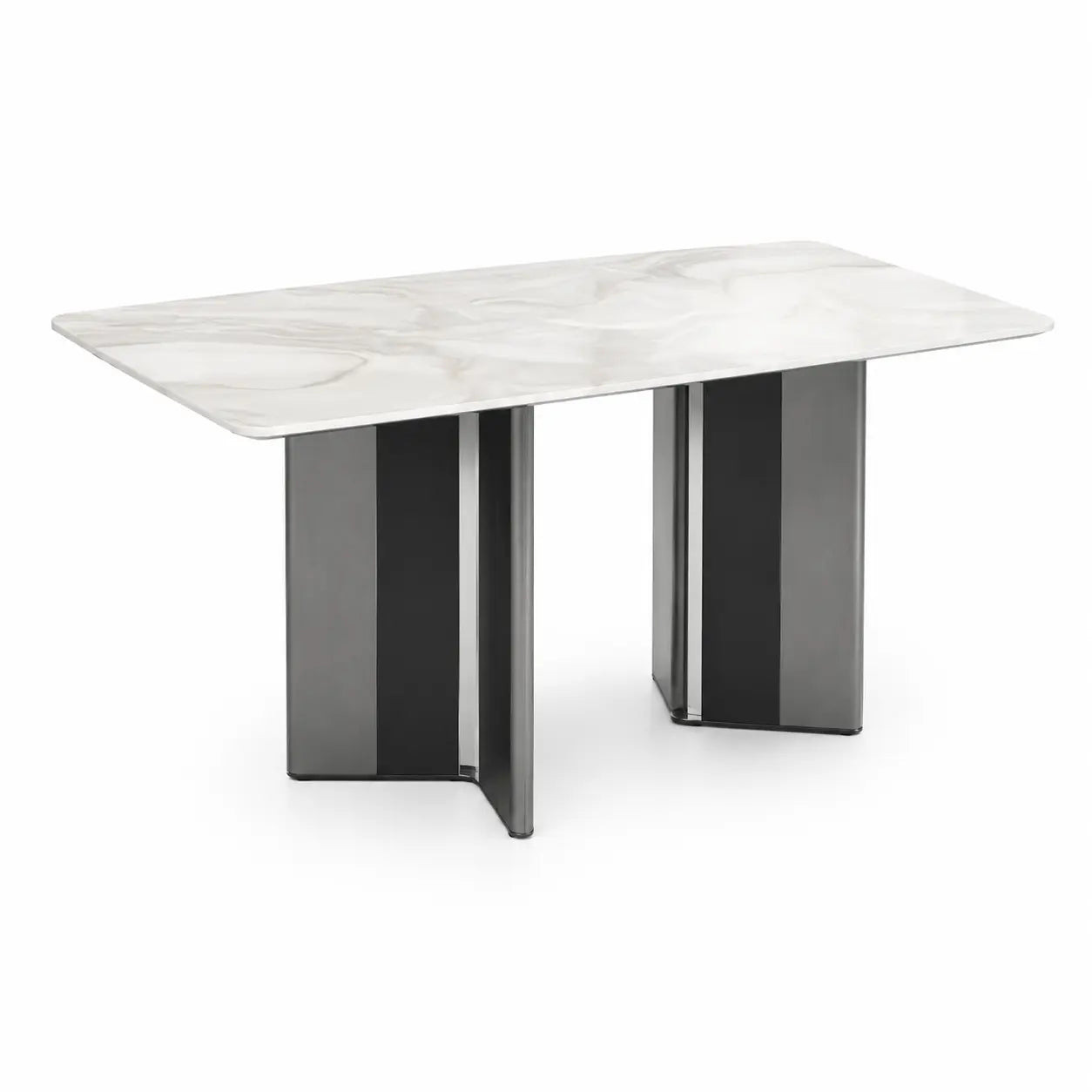 A modern rectangular dining table with a white marble-look top and two dark gray metallic pedestal bases, shown on a plain white background.