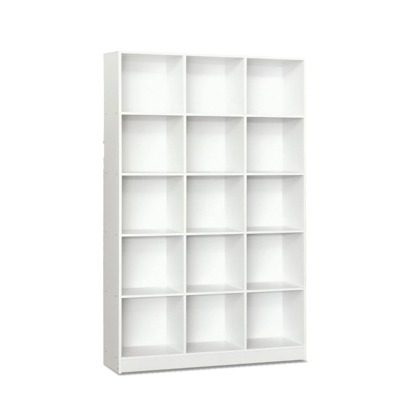 White bookshelf with 12 compartments on a white background