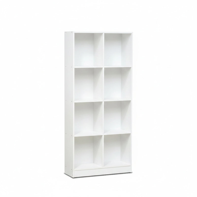 White bookshelf with six square shelves on a white background