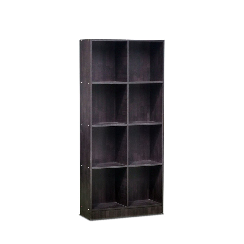 Dark wood bookshelf with nine compartments on a white background
