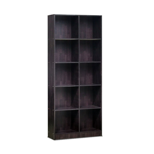 Dark brown bookshelf with multiple shelves on a white background